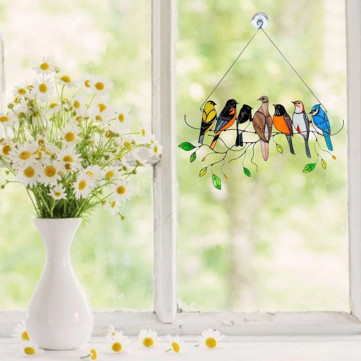 Atrapasol decorativo de pájaros de vidrio estilo vitral multicolor | Decoración para ventana y pared con 7 pájaros, 20,5 × 10,5 cm | Sansoti