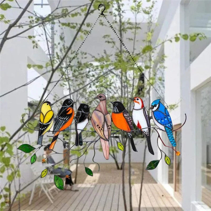 Atrapasol decorativo de pájaros de vidrio estilo vitral multicolor | Decoración para ventana y pared con 7 pájaros, 20,5 × 10,5 cm | Sansoti