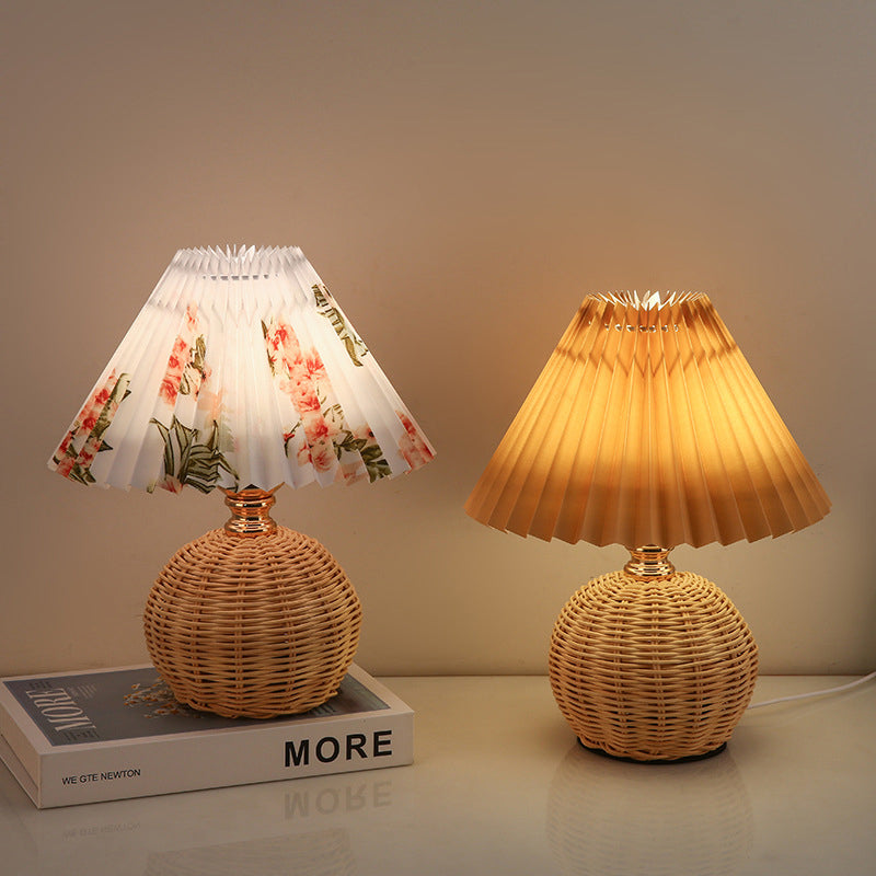 Rattan Table Lamp Folded Shade USB 5W Bedroom Nightstand Scandinavian Boho Atmosphere Lighting Reed Desk Reading Lamp | Sansoti