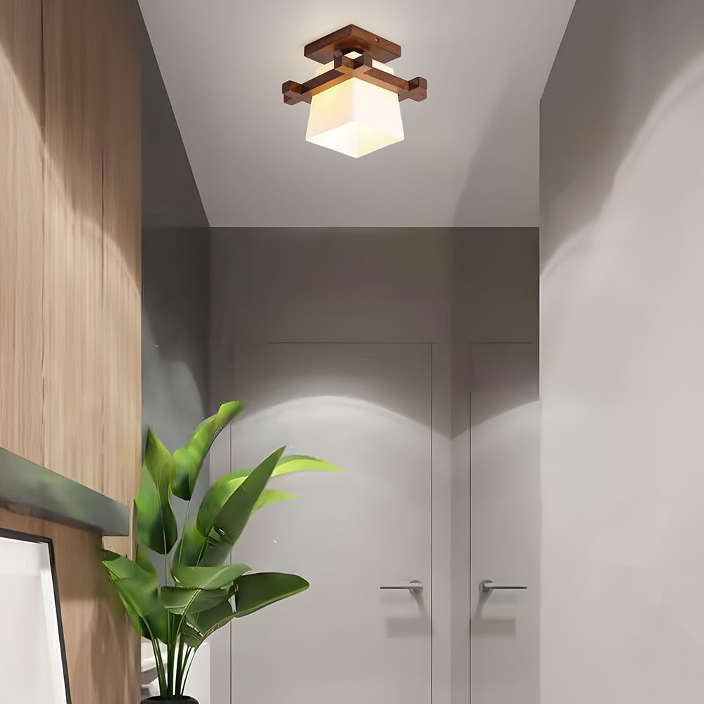 LED ceiling lamp wood E27 white Japandi hallway bedroom living room 20 cm square ceiling lamp Japanese style | Sansoti