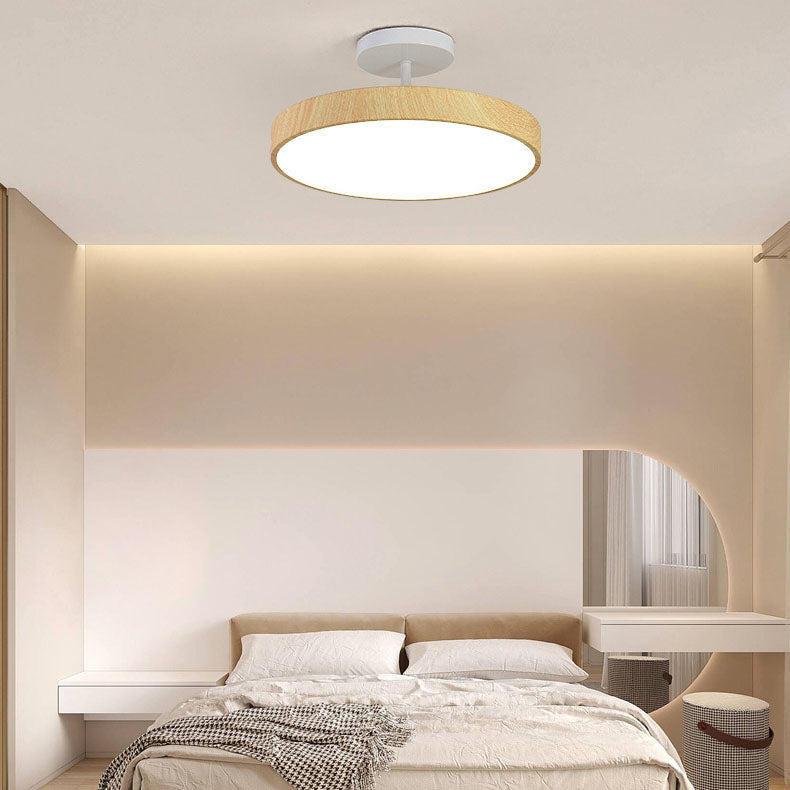 Round Semi-Flush LED Ceiling Light Japandi Wood Look 30cm Minimalist Ceiling Lighting for Living Room | Sansoti