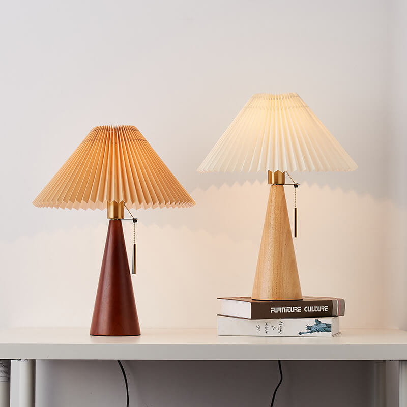Table Lamp Wood Pleated Fabric Shade E26 35x48cm Dimmable Japanese Bedroom Living Room | Sansoti