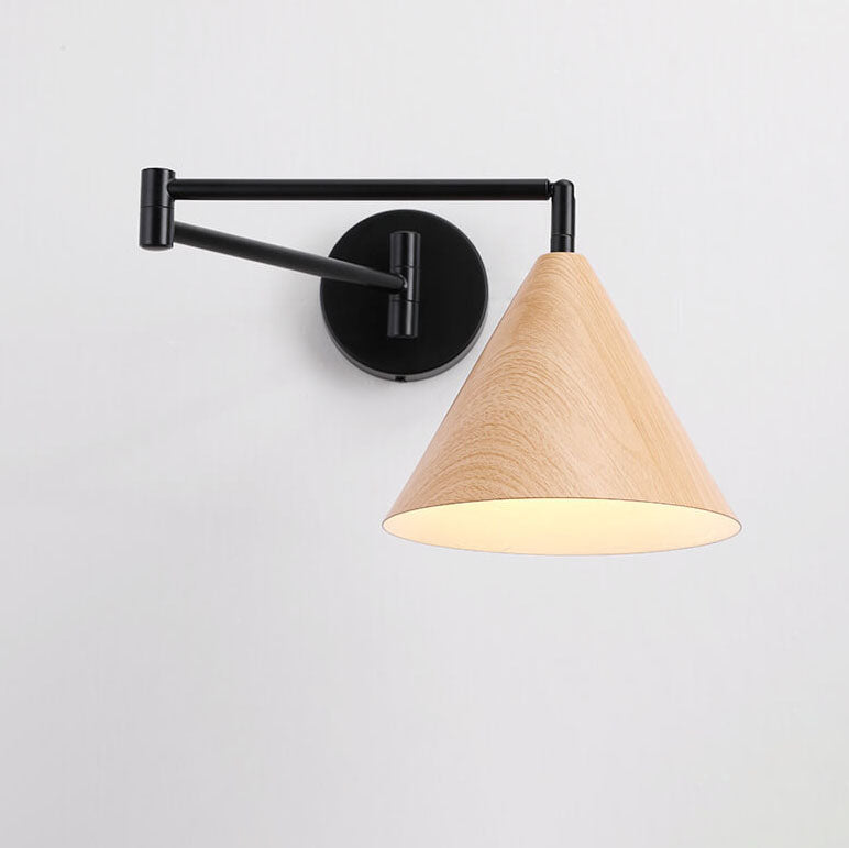 Wandleuchte Schwenkarm Eisen Kegelförmiger Schirm Walnuss Holzfarbe E26 18x14cm Schlafzimmer Leselampe | Sansoti