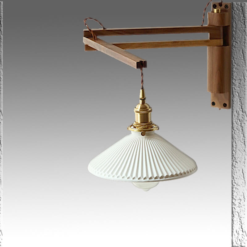 Wandlamp Hout Glas Geplooide Kap E26 Hal Woonkamer Slaapkamer Uitstelbaar Zwenkarm Messing Retro Japandi Sfeerlamp | Sansoti
