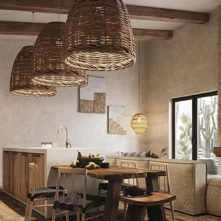 Suspension en rotin Vintage Lustre E27 pour salle à manger, chambre et salon, lampe de plafond en fibres naturelles tressées | Sansoti
