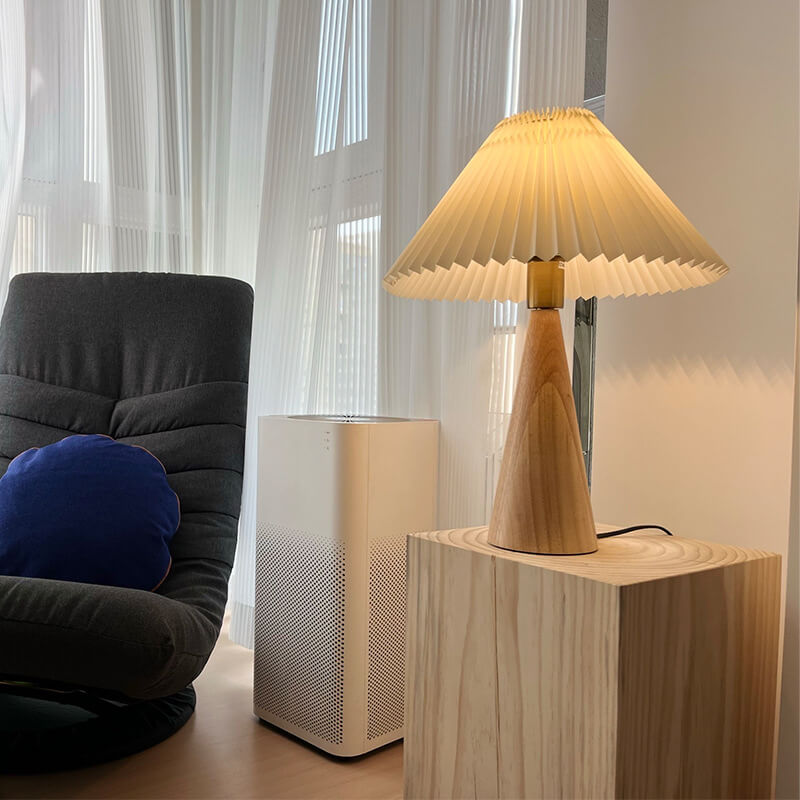 Table Lamp Wood Pleated Fabric Shade E26 35x48cm Dimmable Japanese Bedroom Living Room | Sansoti