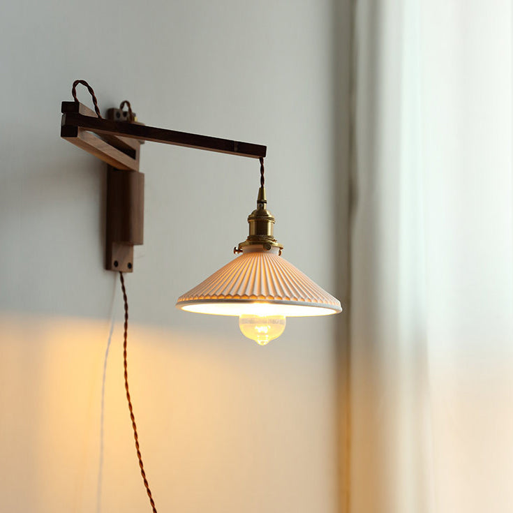 Adjustable Wooden Wall Lamp with Ceramic Shade – Rustic Style with Push Button Switch | Sansoti