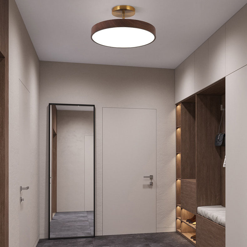 Round Semi-Flush LED Ceiling Light Japandi Wood Look 30cm Minimalist Ceiling Lighting for Living Room | Sansoti