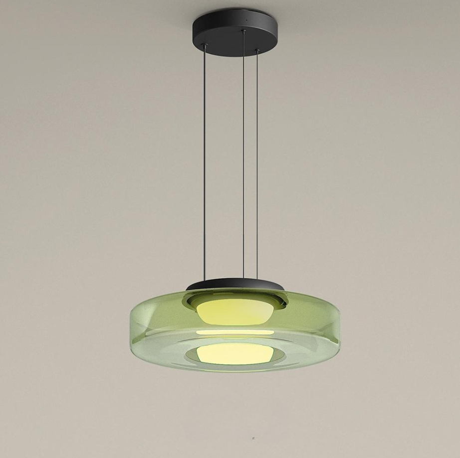 Lámpara colgante de vidrio LED, ámbar, verde y gris, varios niveles, salón, comedor y cocina, plafón moderno, ambiente Bauhaus | Sansoti