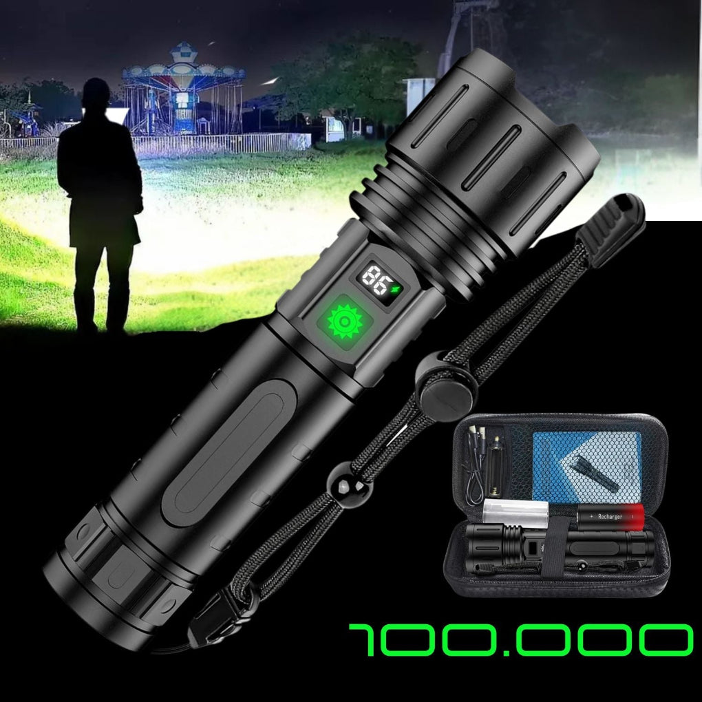 Rechargeable LED Flashlight, 100000 Lumens, Aluminum, IPX6 Waterproof, for Outdoor Camping, Hiking, and Emergencies | Sansoti