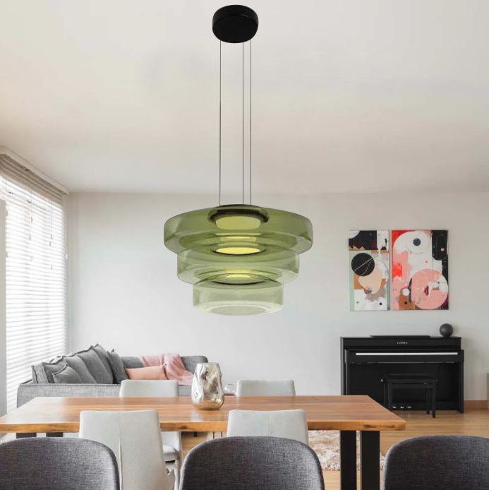 Lámpara colgante de vidrio LED, ámbar, verde y gris, varios niveles, salón, comedor y cocina, plafón moderno, ambiente Bauhaus | Sansoti
