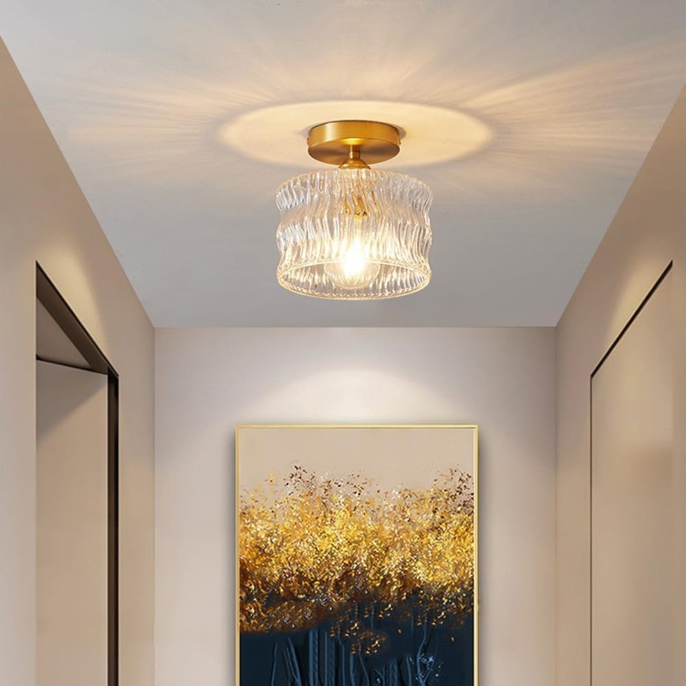 Glass Ceiling Lamp E27 Gold Hall Bedroom Living Room Ribbed Glass Ceiling Lighting Compact Modern Interior | Sansoti