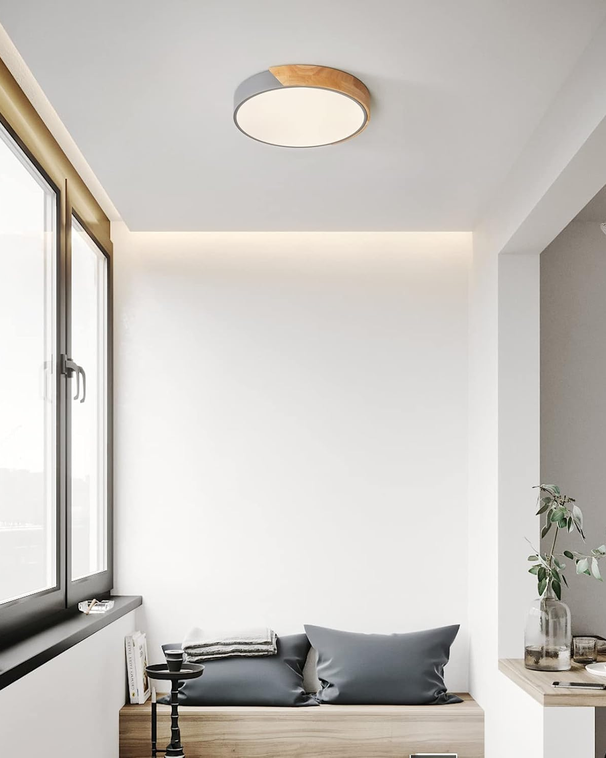 Moderne runde Deckenleuchte mit Holzakzent und LED-Beleuchtung – minimalistische Designlampe in 23, 30, 40, 50 und 60 cm | Sansoti
