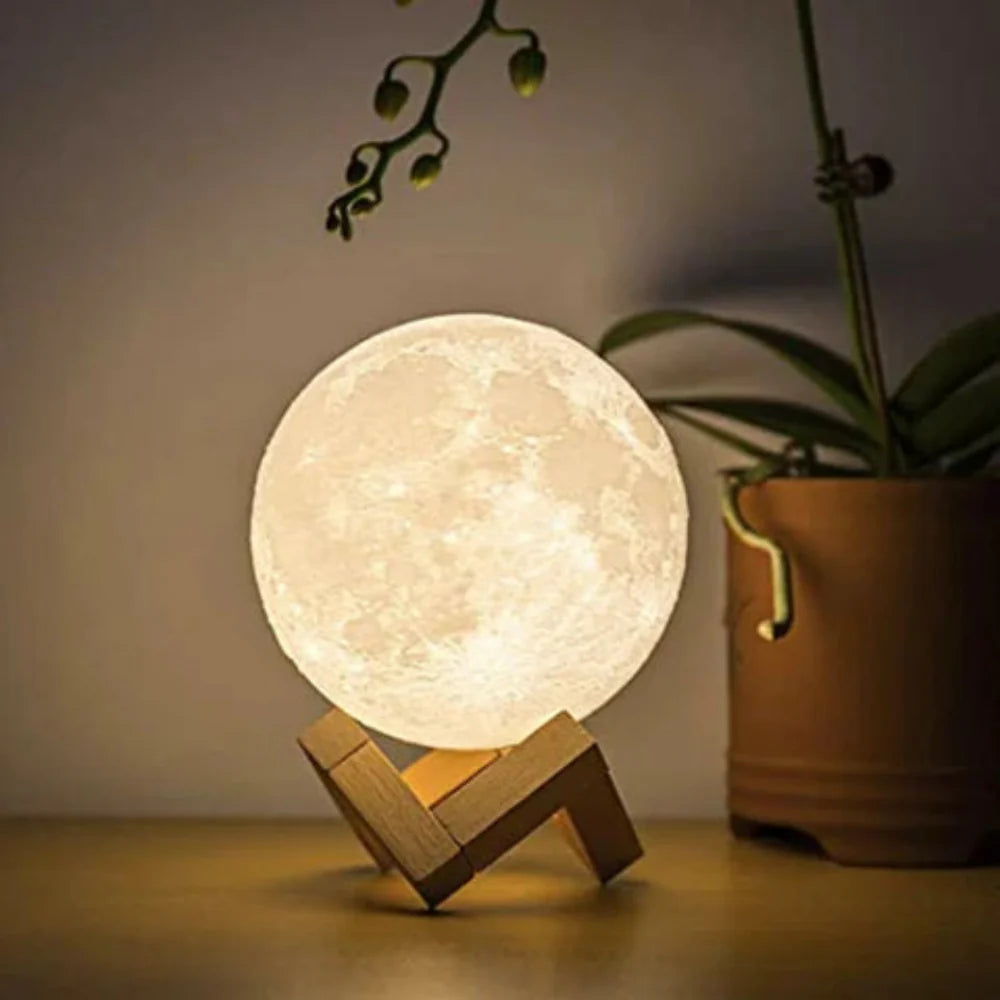 Moon Lamp with 3D Surface and Touch Control – Wireless LED Ambient Light on Wooden Stand in 4 Sizes | Sansoti