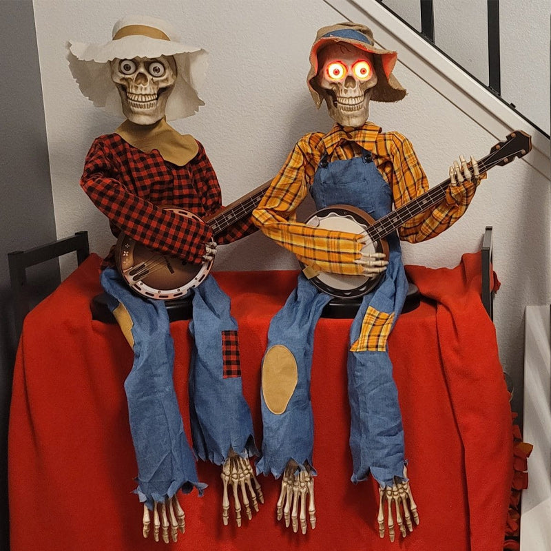 Animiertes Skelett-Banjo-Musiker-Dekorationsset mit Bewegung, Ton und Licht für Halloween-Themenparty | Sansoti