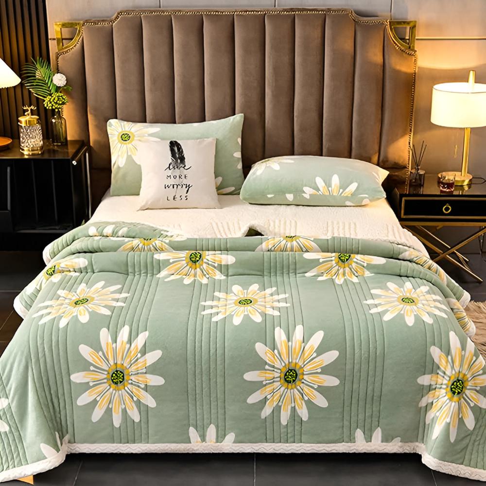 Double-Sided Daisy Pattern Velvet Sherpa Throw 180x200 200x230 Soft Warm Seasonal Blanket Living Room | Sansoti