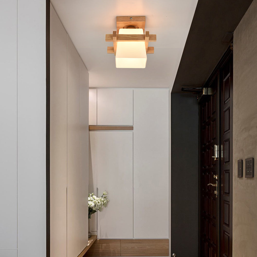 LED ceiling lamp wood E27 white Japandi hallway bedroom living room 20 cm square ceiling lamp Japanese style | Sansoti
