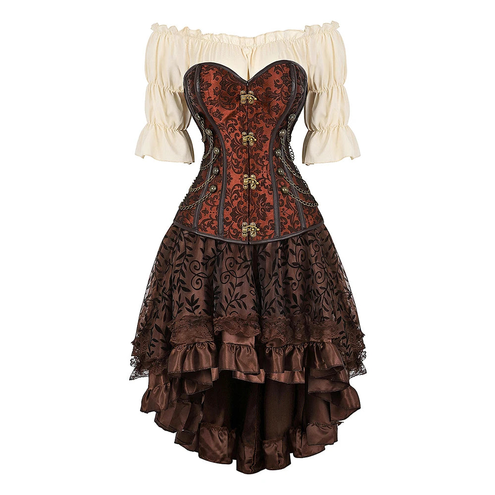 Piraten Korset Kostuum Set Kunstleer Off-Shoulder Blouse Gelaagde Rok Steampunk Gothic Halloween Verkleedkleding | Sansoti