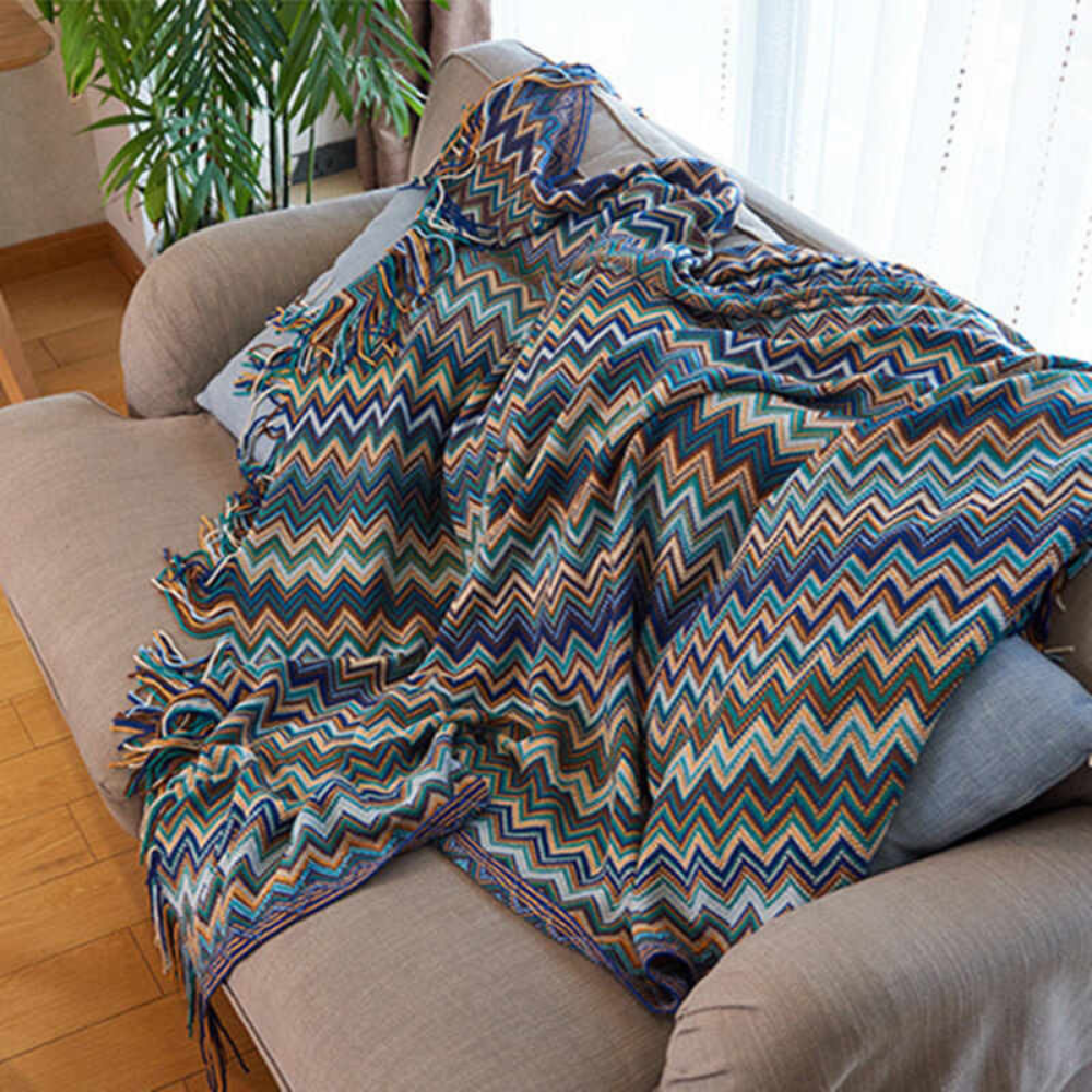 Gebreide Plaid met Zigzag Franjes – Zachte Gehaakte Deken voor Bank en Bed Alle Seizoenen Bohemian Stijl | Sansoti