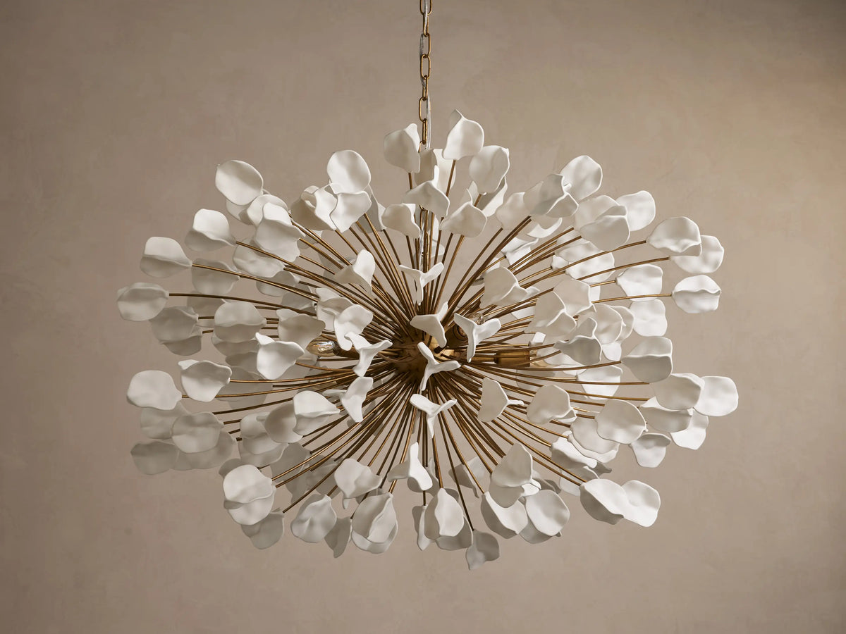 Keramik-Kronleuchter mit 160 Blattmotiven 106 cm Messing Elfenbein Bronze Ebenholz Wohnzimmer Esszimmer Pflanzeninspiration | Sansoti