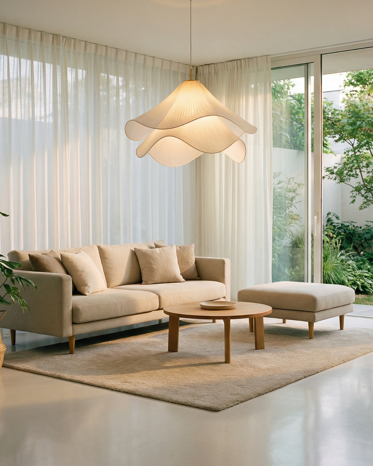 Elegante blumenförmige Hängelampe mit geschichtetem Stoffschirm und goldenem Akzent | Sansoti