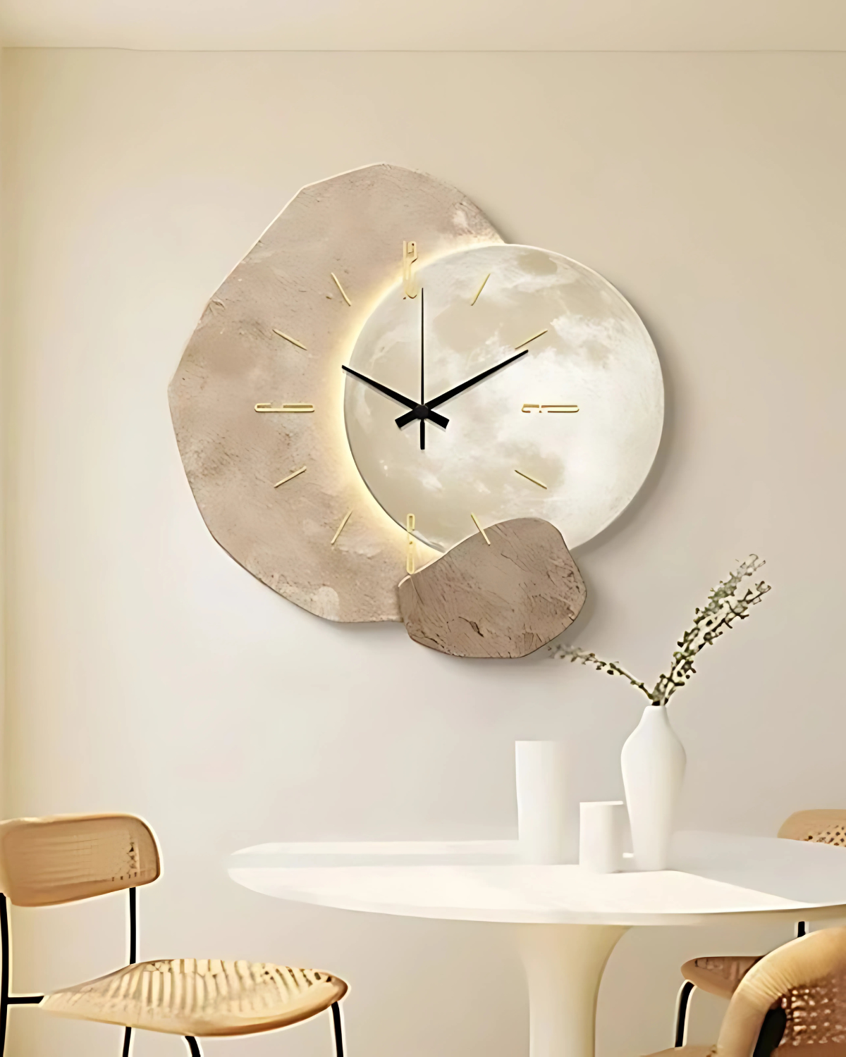 Wall Clock with Moon Relief and Optional Lighting Black Gold Concrete Look Scandinavian Interior Decorative Time Display Living Room Bedroom Office Modern Minimalist Wall Decoration | Sansoti