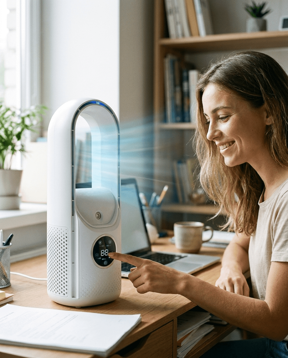 Turbinenventilator ohne Flügel Leises Design mit Schlafmodus für Ruhige Kühlung Energieeffizient Kompakt Ideal für Schlafzimmer Büro Wohnzimmer Nachttisch Schreibtisch | Sansoti