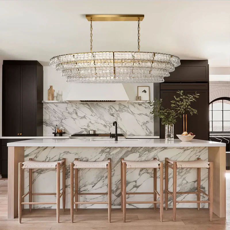 Oval Chandelier with Curved Glass 137cm Adjustable Height Steel Frame Dining Room Living Room Pendant Light | Sansoti