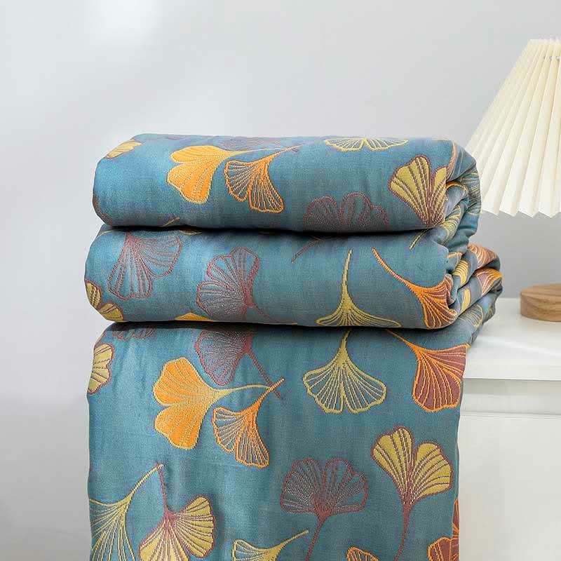 Couvre-lit réversible à motif de feuilles de ginkgo 200x230, tissage jacquard, en coton, couverture double pour chambre à coucher | Sansoti