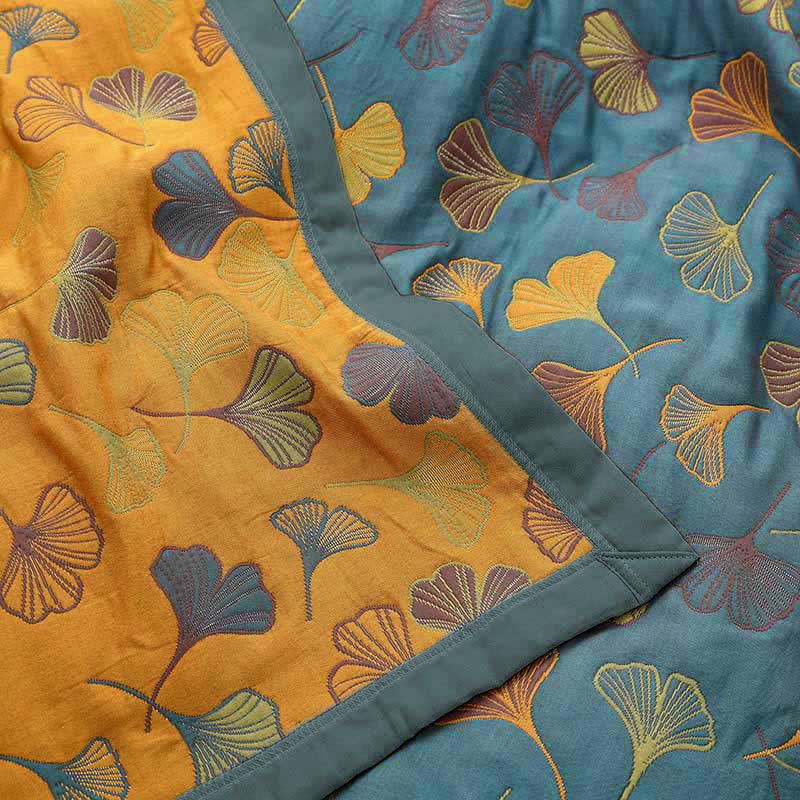 Couvre-lit réversible à motif de feuilles de ginkgo 200x230, tissage jacquard, en coton, couverture double pour chambre à coucher | Sansoti