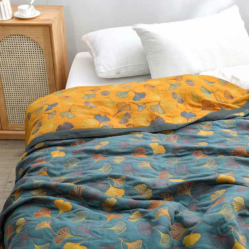 Couvre-lit réversible à motif de feuilles de ginkgo 200x230, tissage jacquard, en coton, couverture double pour chambre à coucher | Sansoti