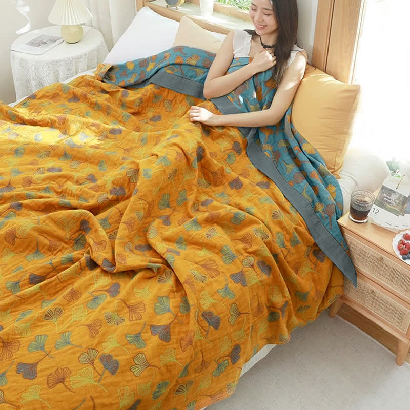 Couvre-lit réversible à motif de feuilles de ginkgo 200x230, tissage jacquard, en coton, couverture double pour chambre à coucher | Sansoti
