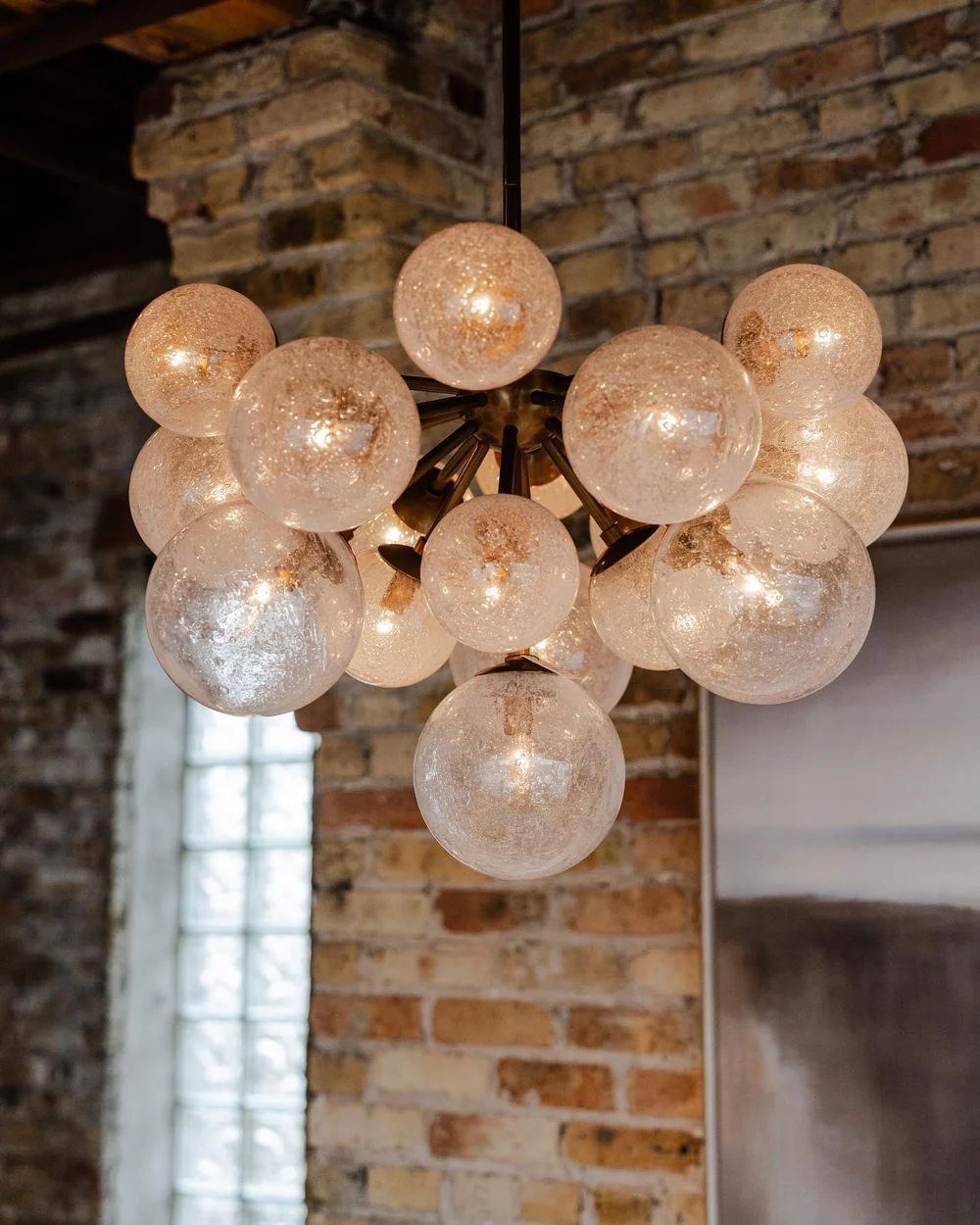 Glass Globe Chandelier, Hand-Blown Glass with Bubble Effect, Brass, Black, Nickel, Adjustable Pendant Lights | Sansoti