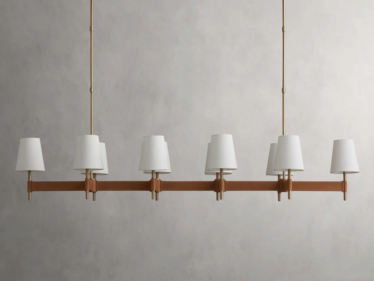 Linear Chandelier Brass with Leather Accents Linen Shades 6 8 10 Lights Dining Room Living Room Pendant Light | Sansoti