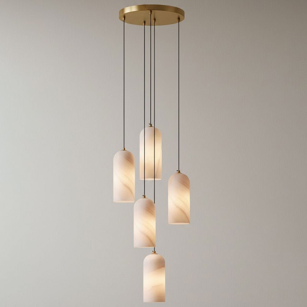 Alabaster Hängeleuchte mit Geflochtenem Kabel – Naturstein Beleuchtung von Einzelleuchte bis 21-Licht Cluster – Mid-Century Modern Stil Esszimmer Hängeleuchte mit E12/E14 Fassung | Sansoti