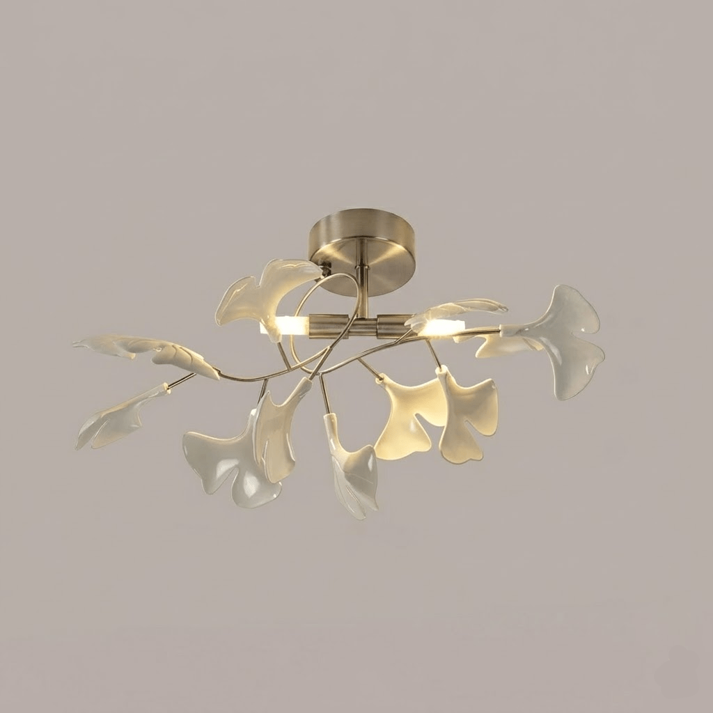Keramische Hängelampe Ginkgo-Blatt – Goldfarbene Fassung mit weißen Blättern – Modernes, von der Natur inspiriertes Design für Wohnzimmer Esszimmer Schlafzimmer | Sansoti