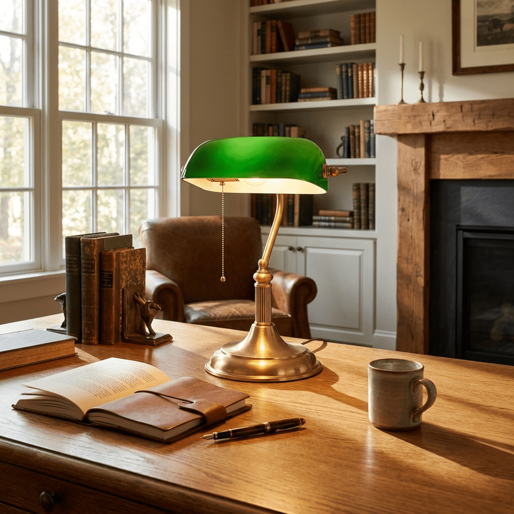 Klassische Schreibtischlampe aus Messing mit grünem Glas, Tischlampe im Banker-Stil, Leselampe für Büro und Arbeitszimmer | Sansoti