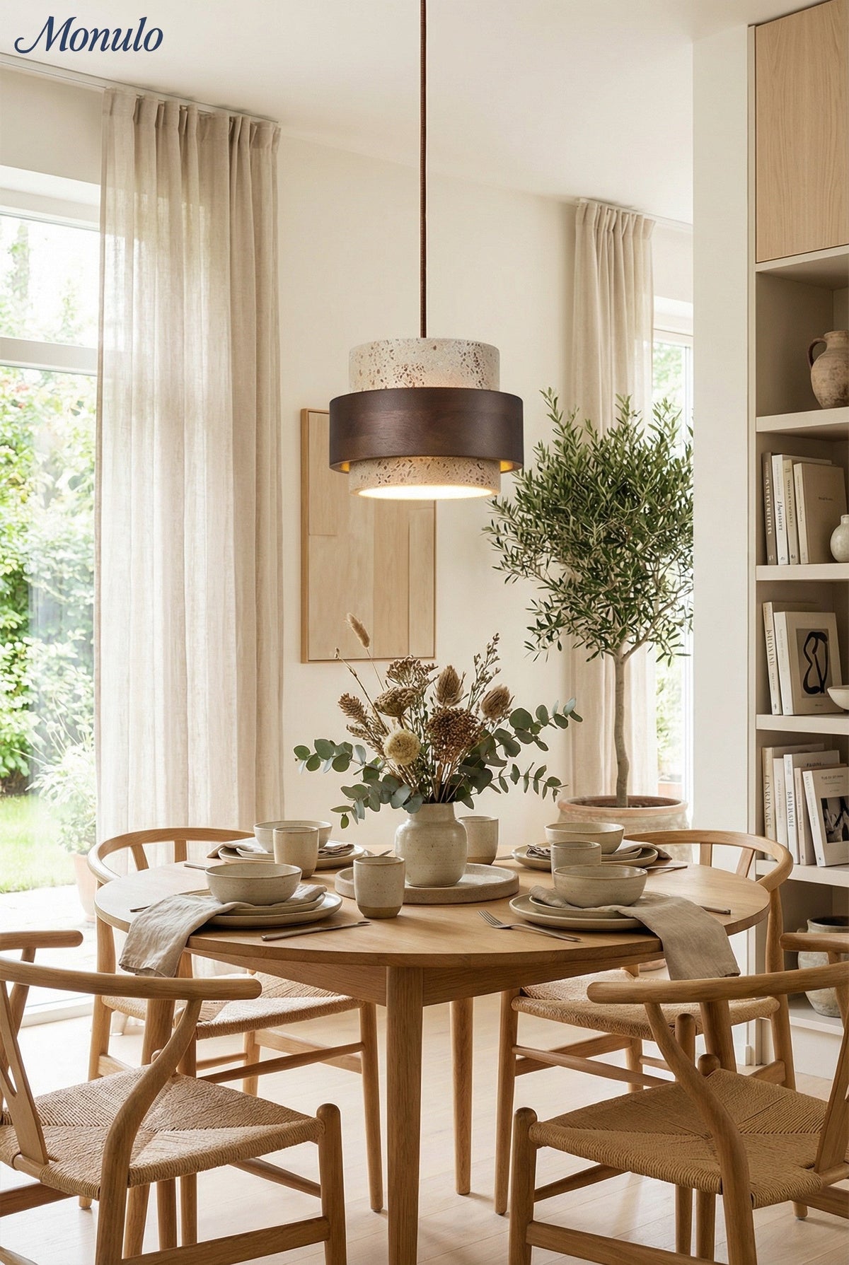 Suspension en bois avec finition travertin – Source lumineuse organique pour salle à manger et salon | Sansoti