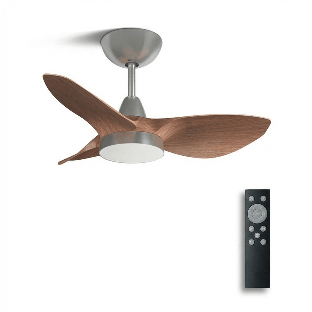Scandi Deckenventilator mit Beleuchtung – Walnuss- & Nickel-Finish – 6 Geschwindigkeiten & LED dimmbar | Sansoti