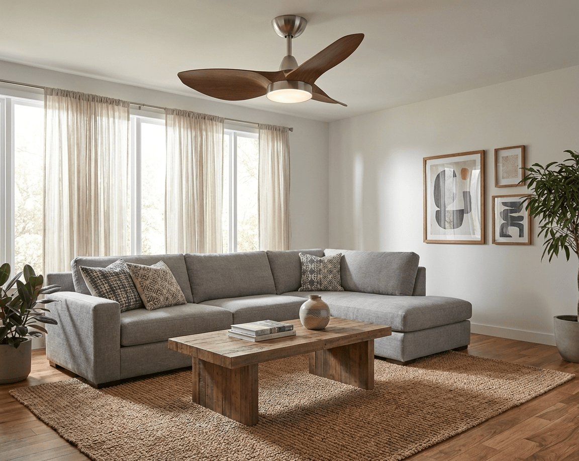 Scandi Deckenventilator mit Beleuchtung – Walnuss- & Nickel-Finish – 6 Geschwindigkeiten & LED dimmbar | Sansoti