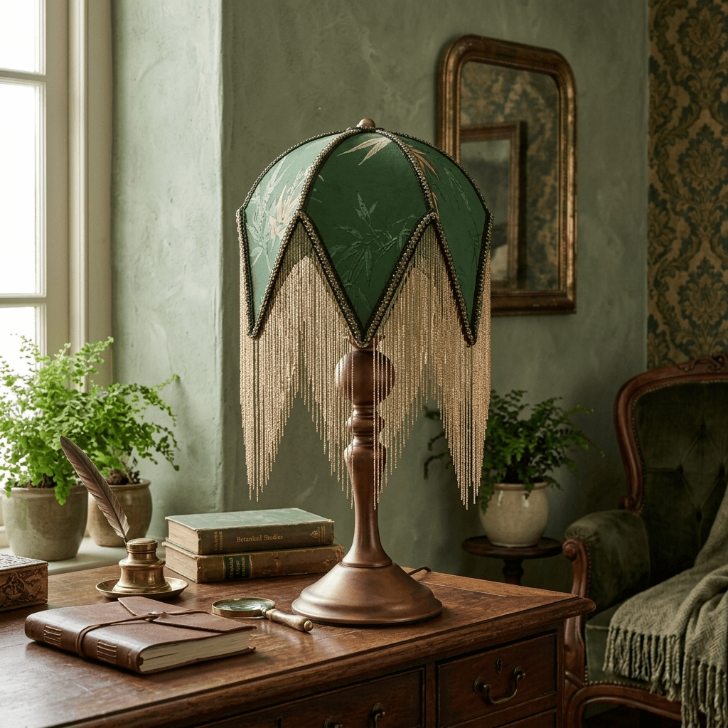 Tischlampe mit Fransen, Walnussholz, grünem Muster, E27, steckerfertig, Boho-Stil, Nachttischlampe, stimmungsvolle Beleuchtung fürs Wohnzimmer | Sansoti