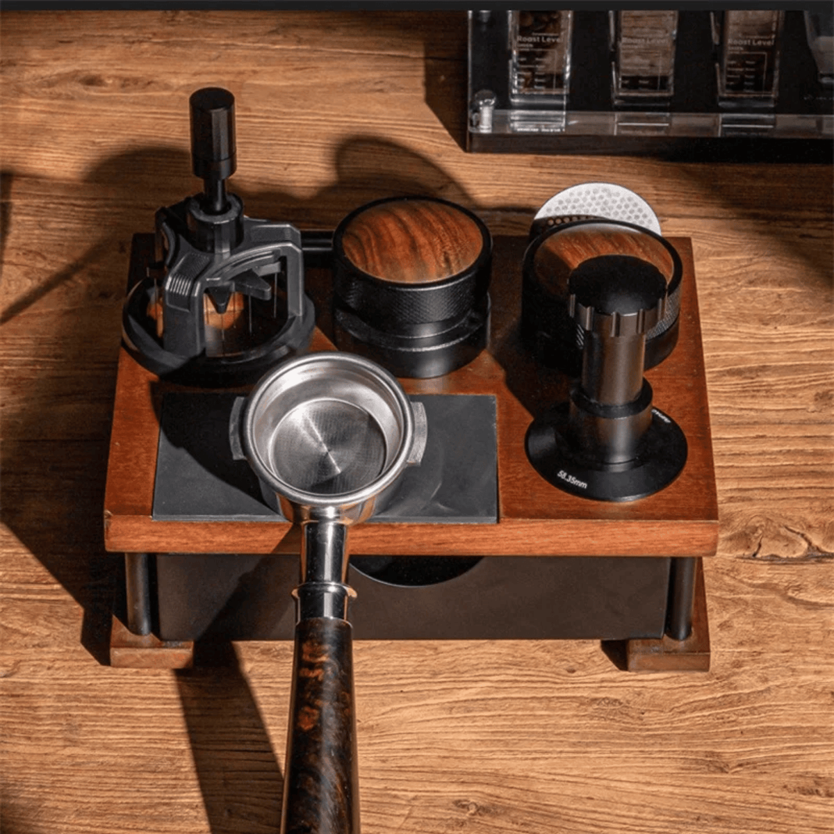 Espresso-Arbeitsstation aus Holz mit Tamperhalter und Schublade zur Kaffeeorganisation für Zuhause Barista-Zubehör | Sansoti