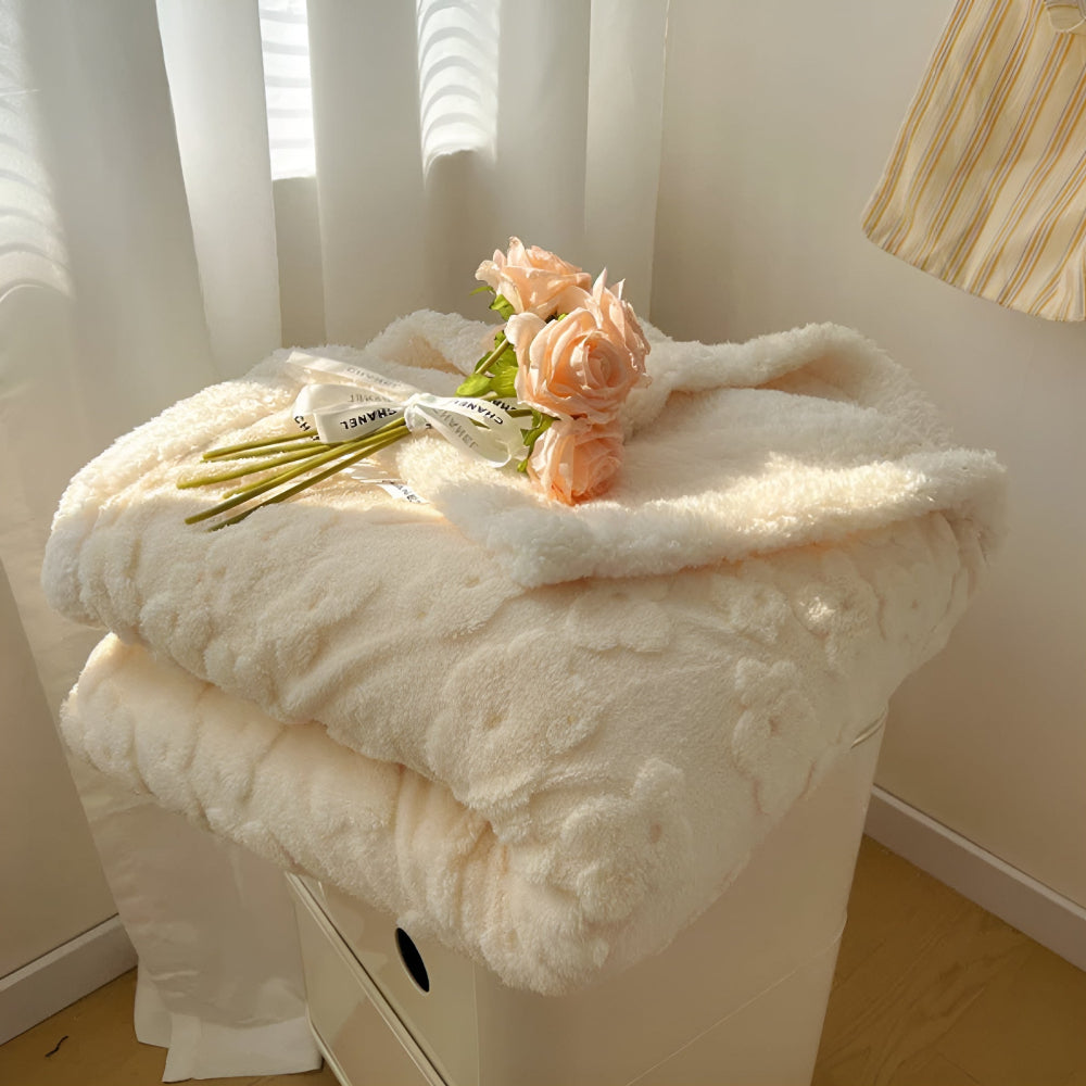 Sherpa Throw with Floral Texture Double-Sided Fleece Winter Blanket for Sofa Bed Warmth Comfort Soft | Sansoti