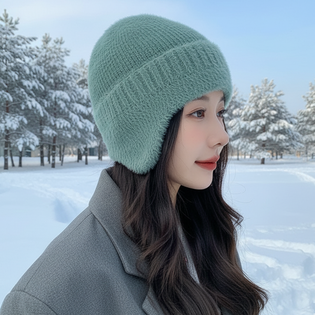 Gestrickte Damen-Wintermütze mit Ohrwärmern Polyester Einfarbig Schleife Kopfbedeckung Outdoor Winter Wärme Komfort | Sansoti