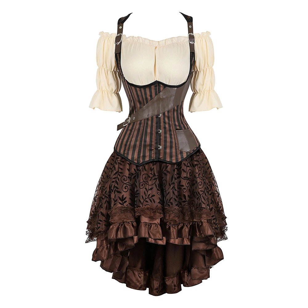 Piraten Korset Kostuum Set Kunstleer Off-Shoulder Blouse Gelaagde Rok Steampunk Gothic Halloween Verkleedkleding | Sansoti