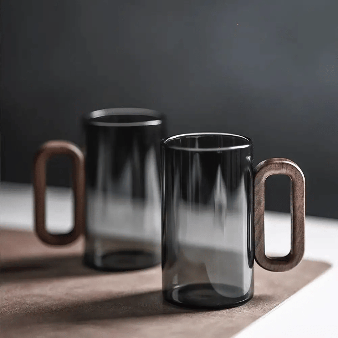 Glass Mug with Wooden Handle 350ml Scandinavian Design Tea Coffee Drinking Cup Handmade Kitchenware | Sansoti