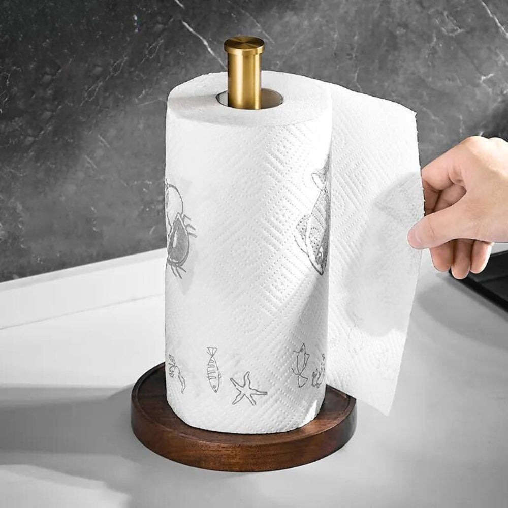 Porte-essuie-tout en bois noyer et acier inoxydable 31 cm, brun foncé, cuisine, sur table, design, accessoire de cuisine, support pour rouleau de papier moderne | Sansoti