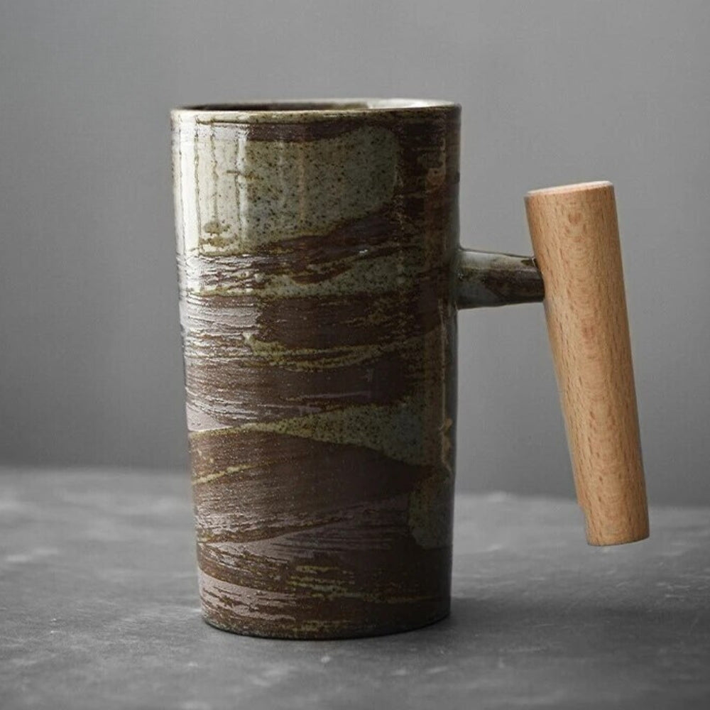 Ceramic Drinking Cup 220ml Earthy Colors Wooden Handle Nature Motifs For Tea Coffee Latte Cappuccino | Sansoti