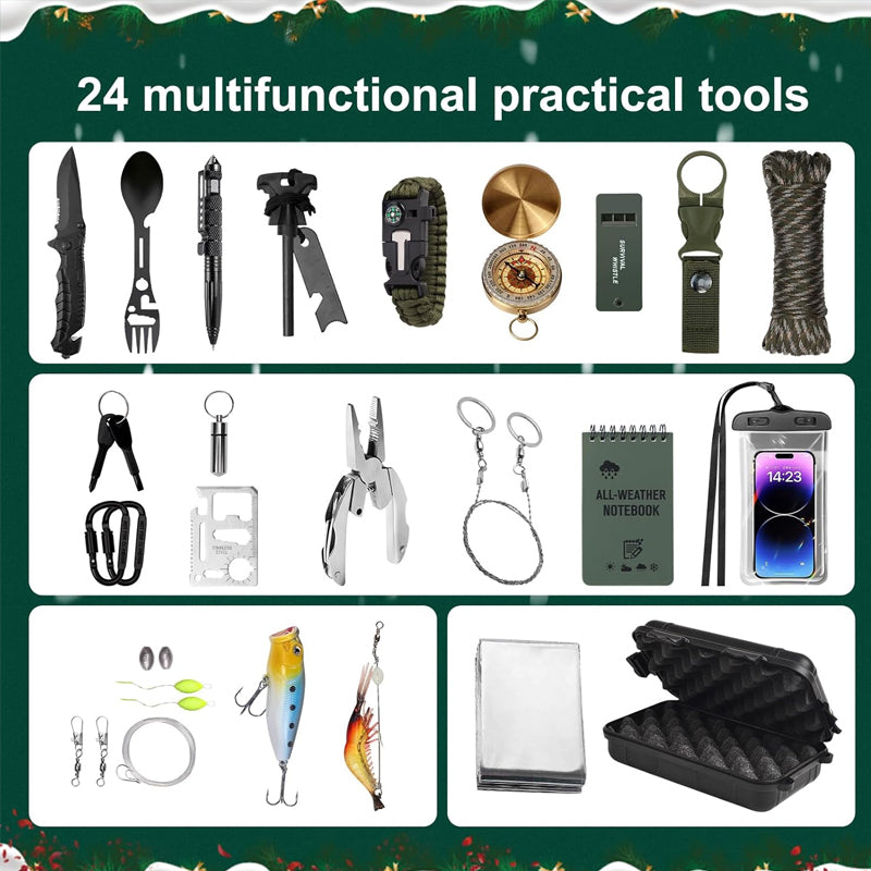 Adventskalender met Overlevingsgereedschap 24 Vakjes Outdoor Camping Wandelen Survival Kit Kerst Decoratie | Sansoti