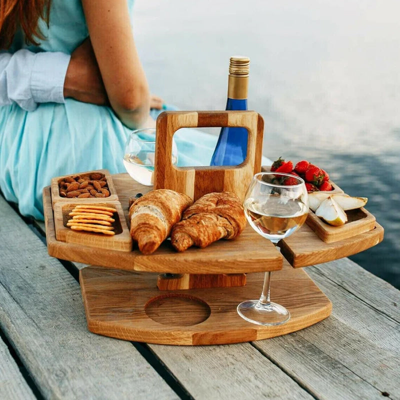 Tragbarer Holztisch mit Picknickfunktion, Weinhalter & Griff für draußen | Sansoti